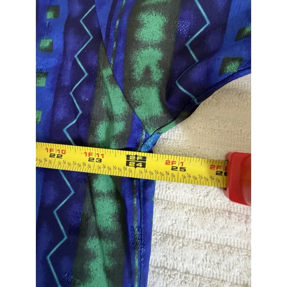 Sante Classics Women M Blue Green Geometric Print Button Front Long Dress Zipper